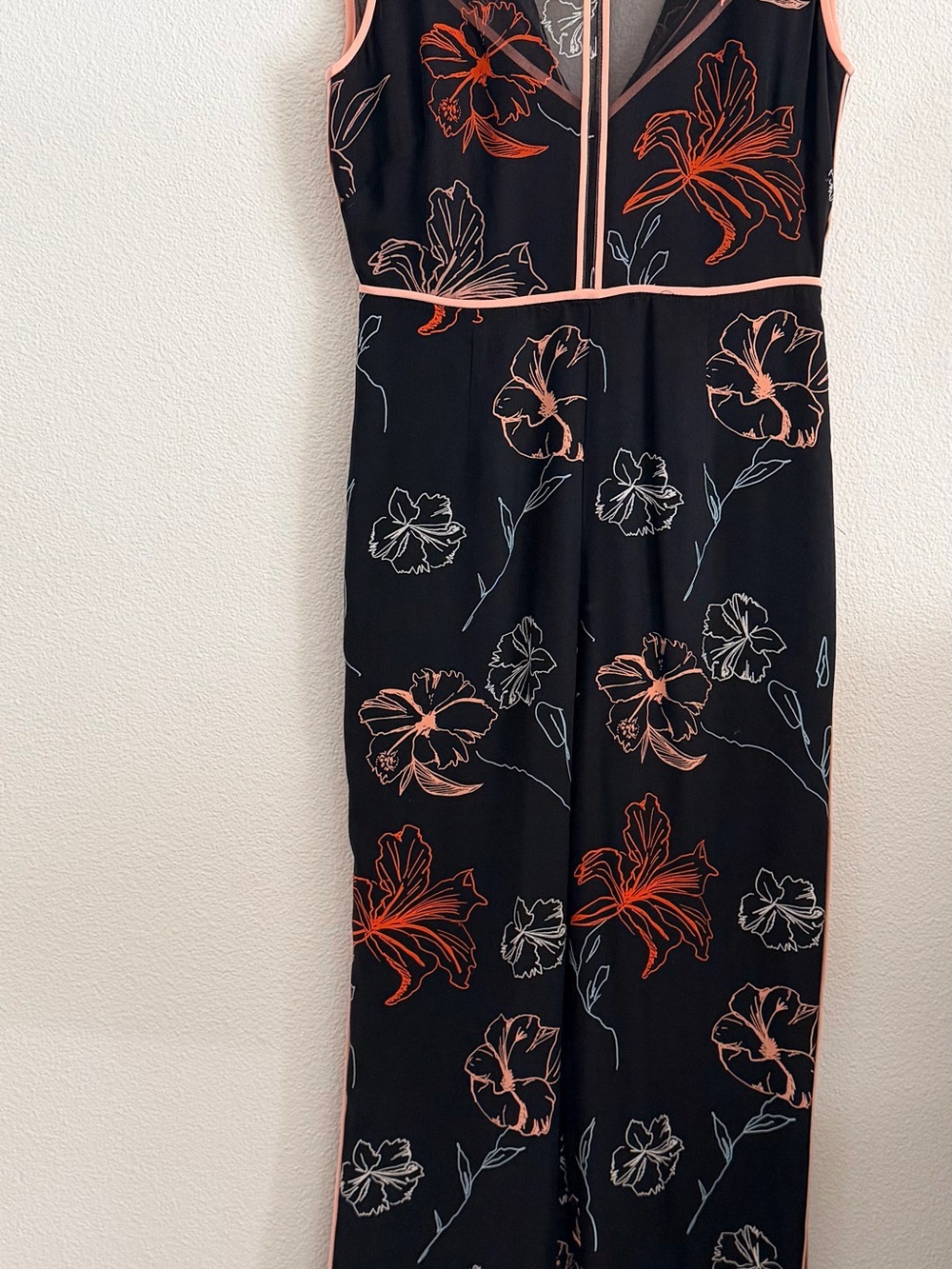 Diane Von Furstenberg Black Floral-Print Jumpsuit with Coral Trim size 2